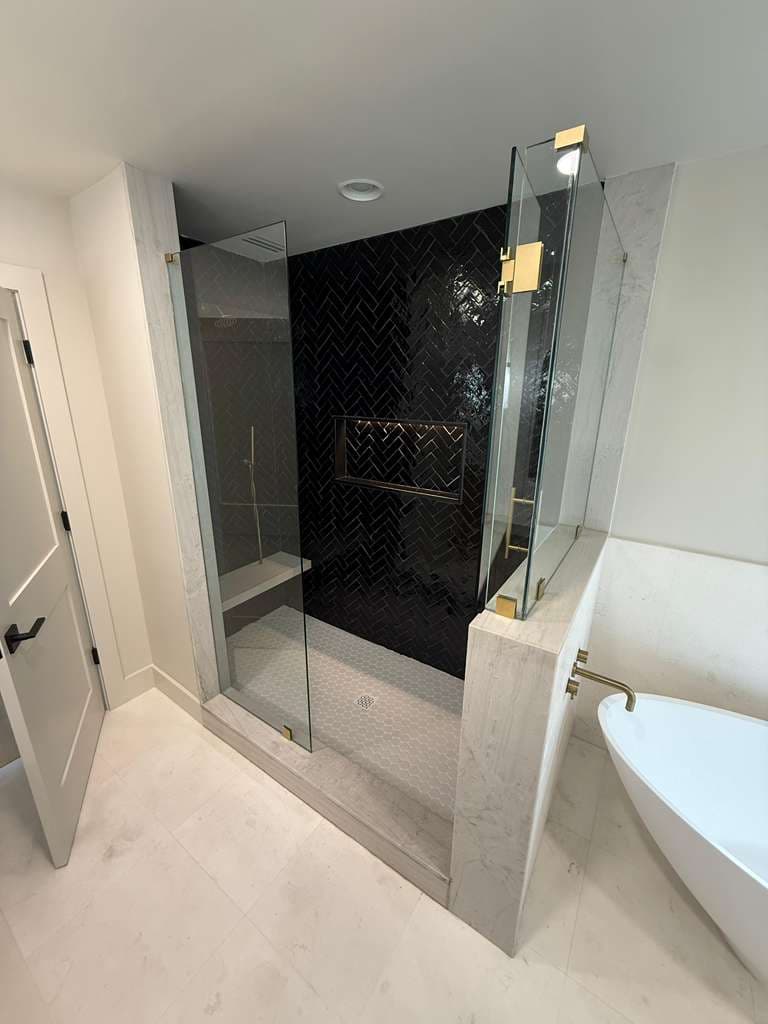 Black Herringbone Shower & Glass Tub
