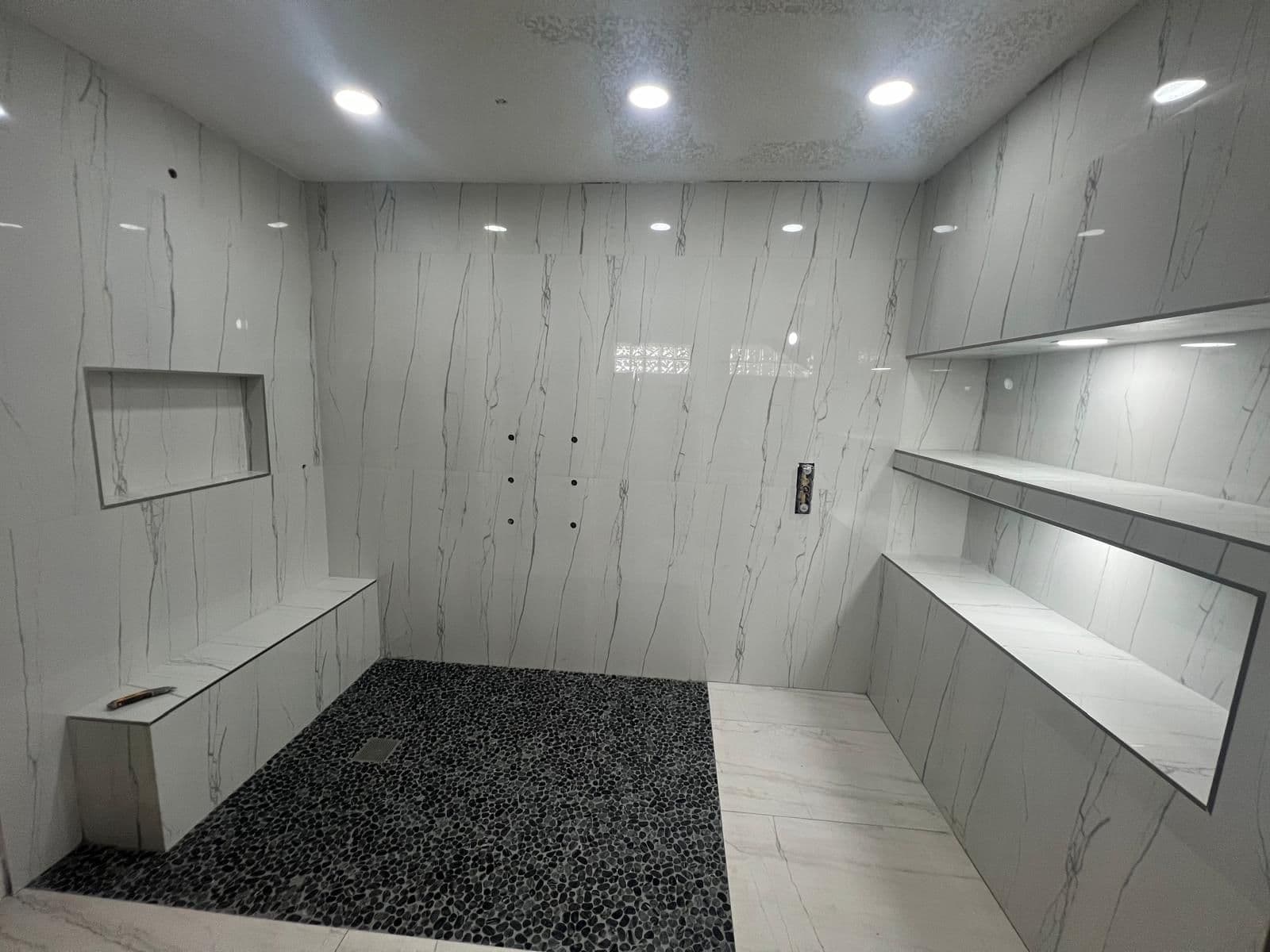 Walk-In Shower with Marble Shelves